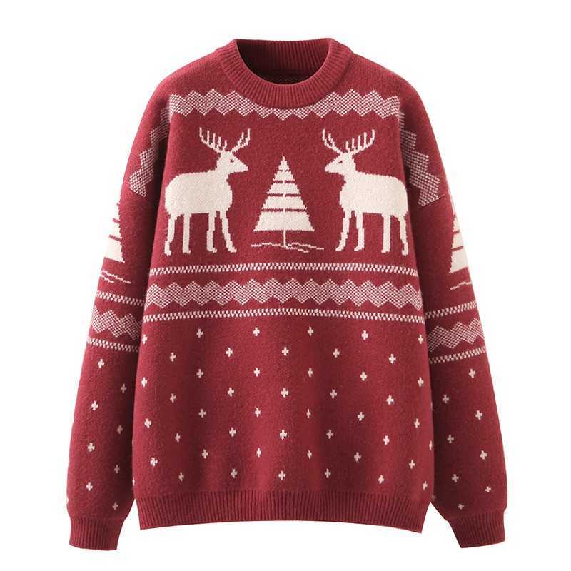Yedinas Winter Christmas Deer Sweater Women Knitted Jumper Female Elk Print Sweaters Woman Pullover Knit Red Top Oversize 210527