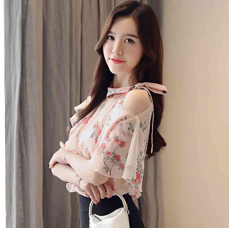 Mujer De Moda Summer Short Sleeve Floral Chiffon Blouse Women Off-Shoulder Flounced Loose-Fit Tops Blusas 8673 50 210427