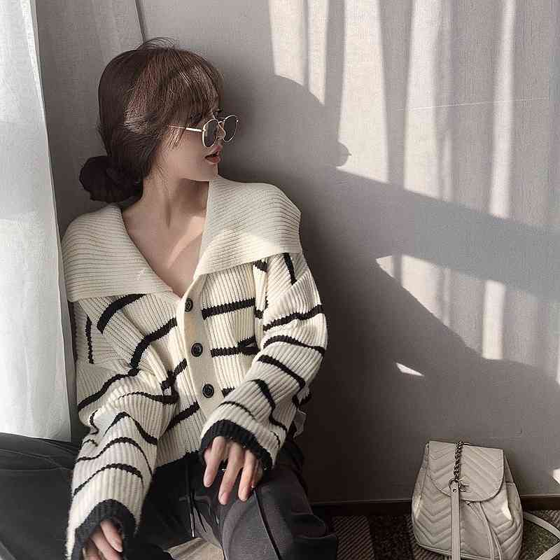 Short Casual Jumpers Long Sleeve Sailor Collar Cardigan Jacket Women Autumn Loose Striped Knitted Sweater Pull Japan Style Wild 210429