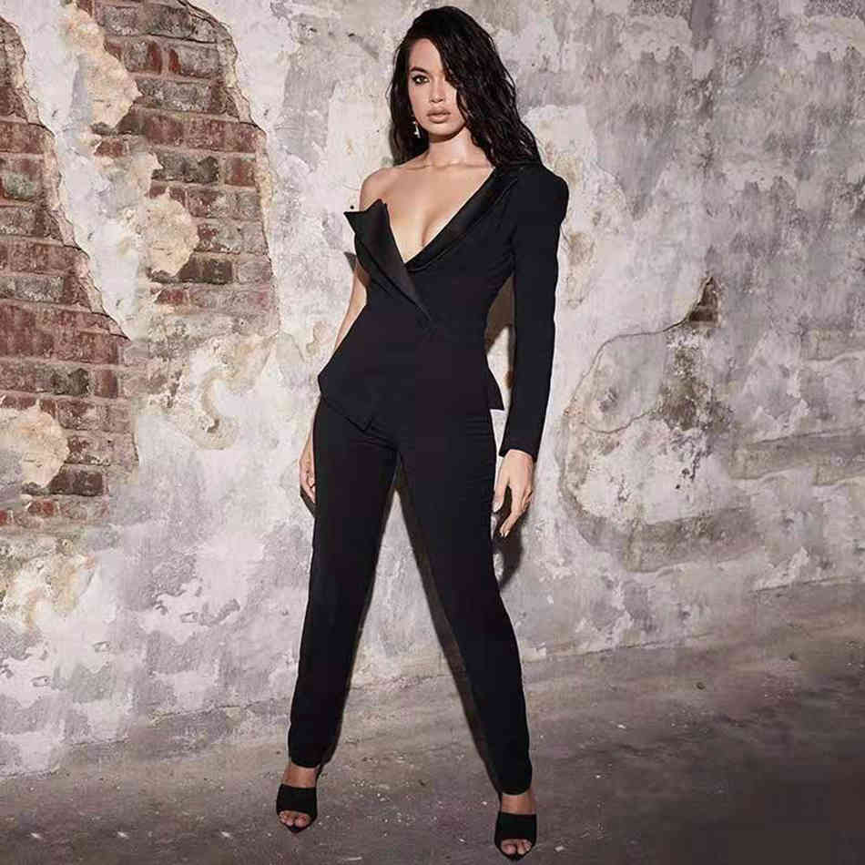 Autumn And Winter Women'S Sexy One-Shoulder Long-Sleeved Single Buckle Tight-Fitting Celebrity Party Jumpsuit 210525
