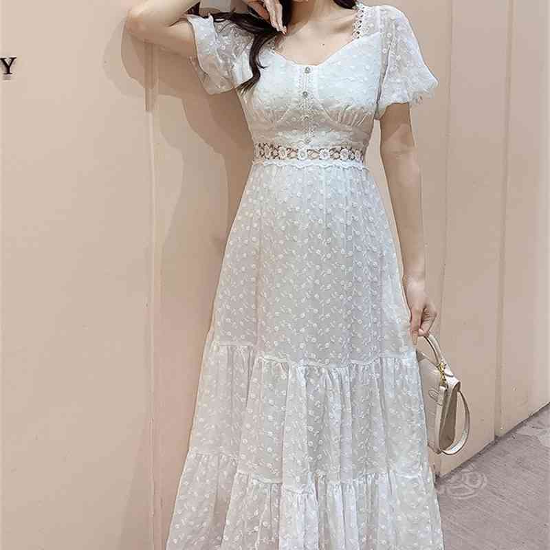 Elegant Fashion Women Dresses French Summer Sweet Lace Splicing Chiffon Embroidery Slim Waist Casual Long Dress Female 210519