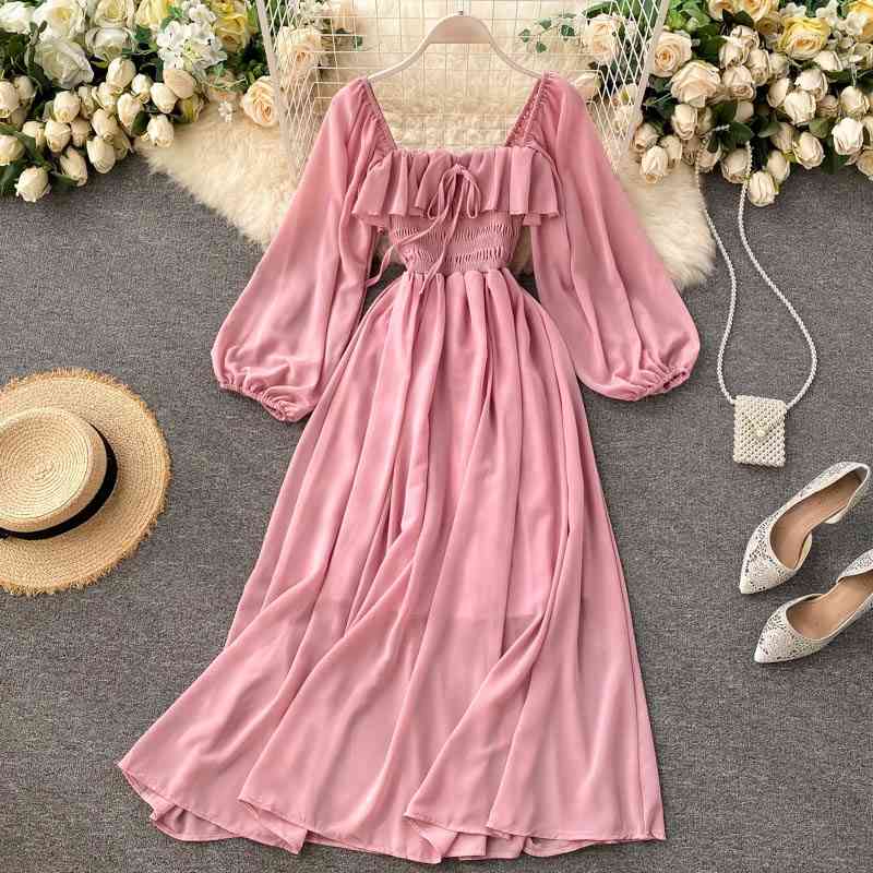 Women Chiffon Dress Spring Autumn Puff Sleeve Square Neck Vintage es Ladies Elegant Party Beach Wear 210602, Watermelon red 
Women Chiffon Dress Spring Autumn Puff Sleeve Square Neck Vintage es Ladies Elegant Party Beach Wear 210602, Watermelon red