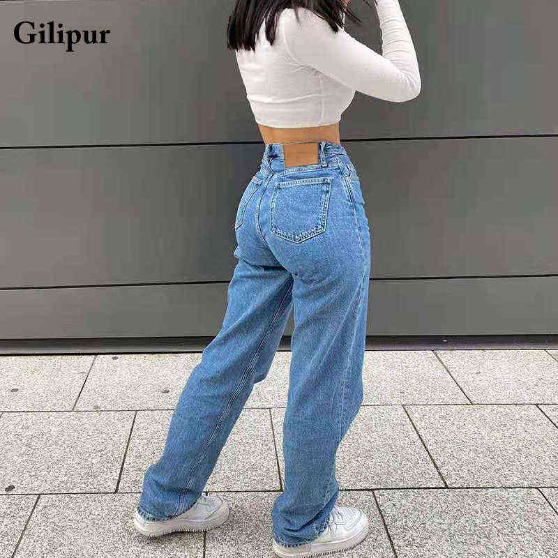 Jeans Women Fashion Mom Straight Leg Pants Washed Blue Casual Long Denim Trousers High Waist Streetwear 211129