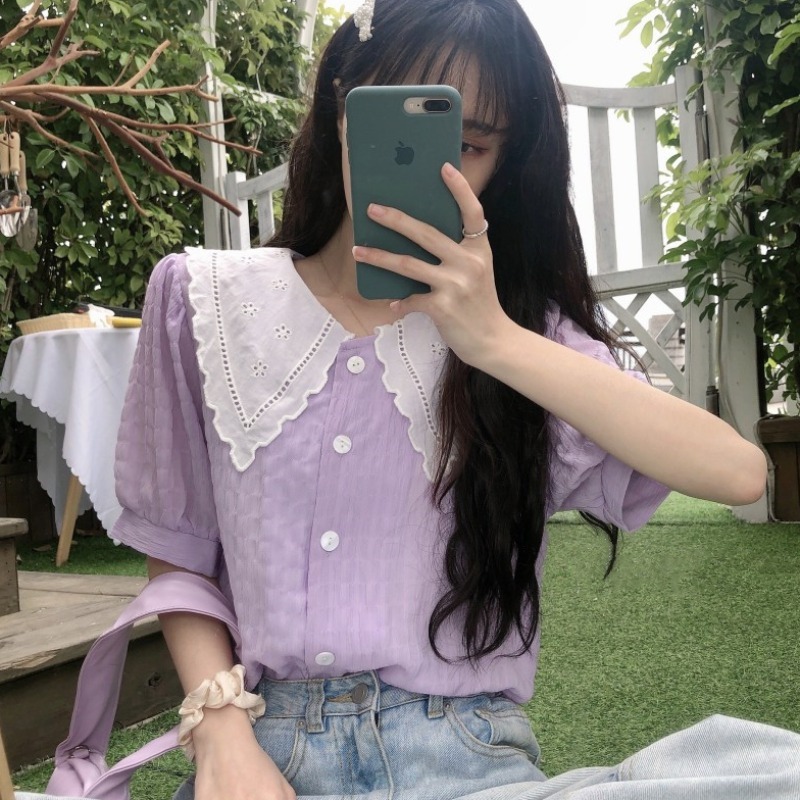 Chic Sweet Japan Summer Lace Patchwork Puff Short Sleeve Peter Pan Collar Purple Shirts Women Fashion Blusas Mujer Contrast 210429