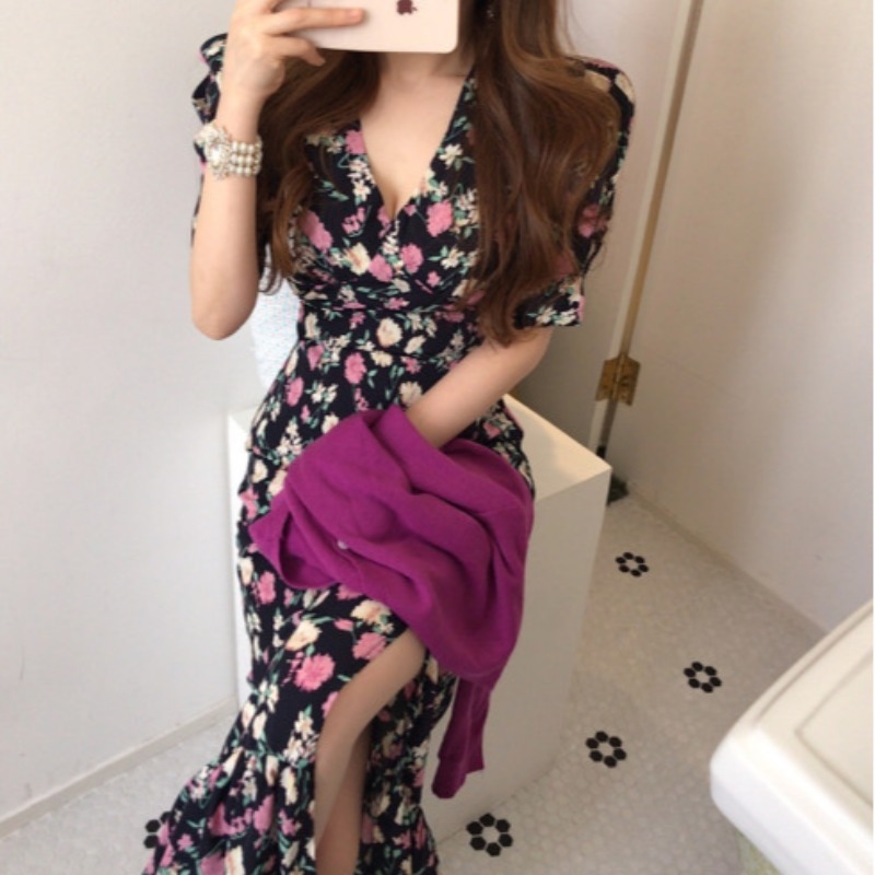 Korean Chic Vintage Summer Sweet High Waist Lace Up Slim V Neck Puff Short Sleeve Split Floral Dress Lady Party Evening Sexy 210429