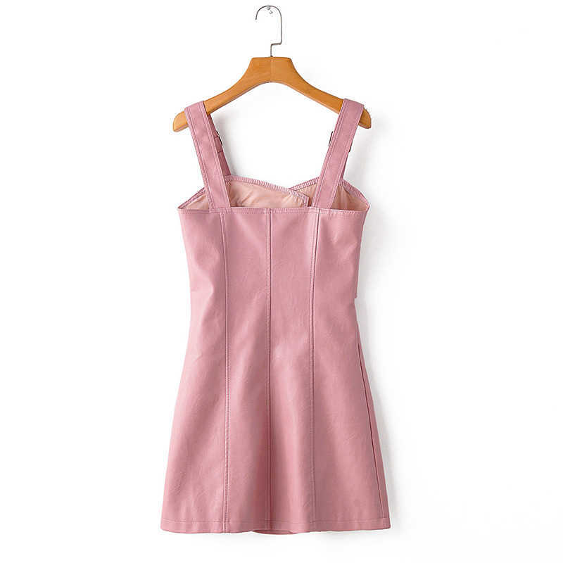 LY VAREY LIN Women Leather Mini Dress Soft Pu Faux Pink Sexy Backless Slim High Waist Rivet Zipper Vestidos 210526