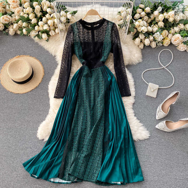 Spring Fashion Women Round Neck Elegant Lace Long-sleeved Bump-and-roll Pleated A-line Dress Vintage Vestidos S029 210527