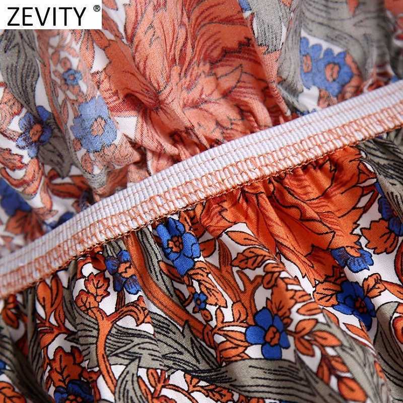 Zevity Women Holiday Tropical Floral Printing Elastic Short Smock Blouse Female Off Shoulder Ruffles Shirt Chic Crop Tops LS9218 210603