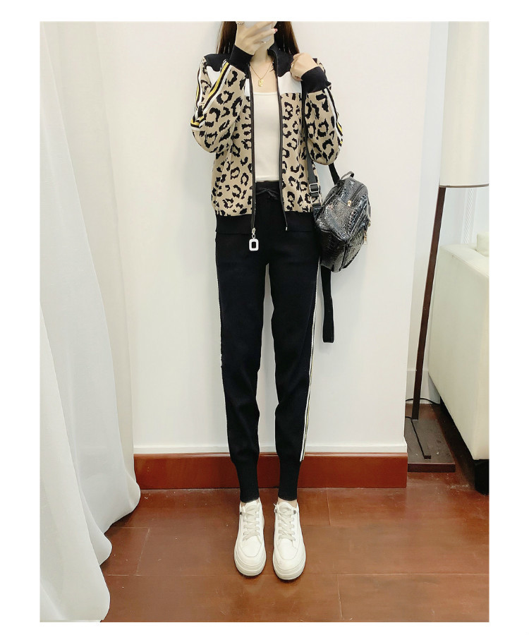 Women Leopard Print Zipper Long-sleeved Cardigans + casual Pants 2pcs Knitting Tracksuits Stretchy Sporty Jumper Trousers Suit 210518