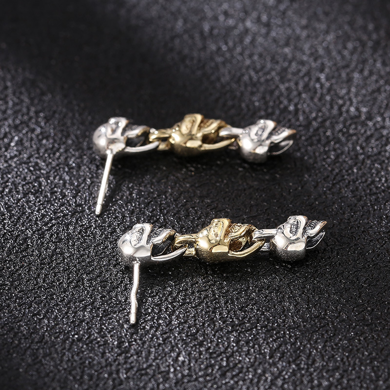 Handmade 925 Sterling silver skull charm link stud post dangle earring American European punk Gothic vintage style designer luxury fine jewelry ear ac