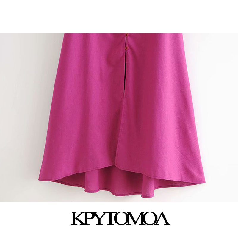 Women Chic Fashion With Buttons Linen Midi Dress V Neck Puff Sleeve Back Elastic Female Dresses Vestidos 210420