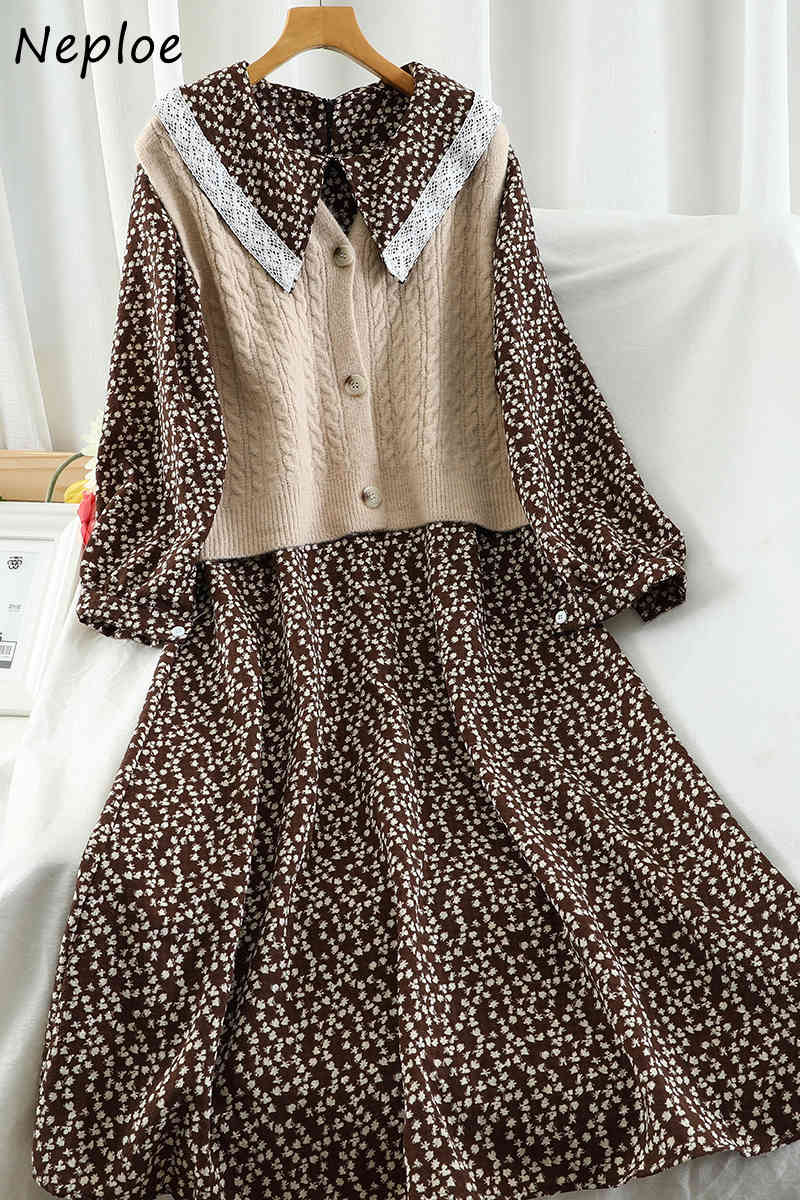 Neploe Vintage Suit Peter Pea Collar Chic Floral Print Dress Single Breasted Knitted Vest Preppy Style 2 Piece Set 94491 210422