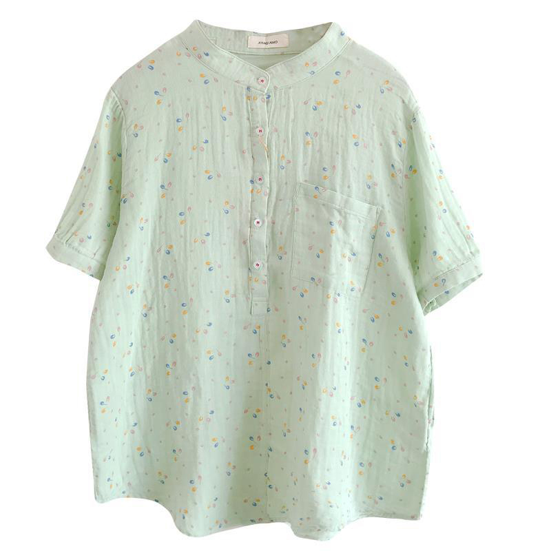 Summer Arts Style Women Short Sleeve Stand Collar Loose Shirts 100% Cotton Print Casual Blouse Tops Femme Blusas M79 210512