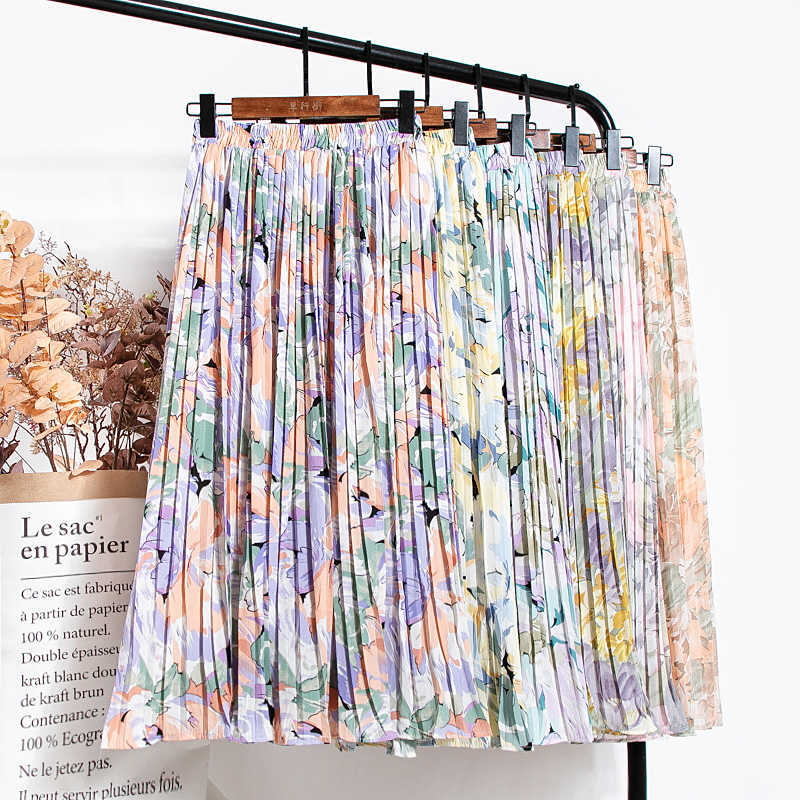 Croysier Women Chiffon Pleated Skirt Elastic High Waist Summer s Womens Print Casual Midi Long Mid Calf Length 210619