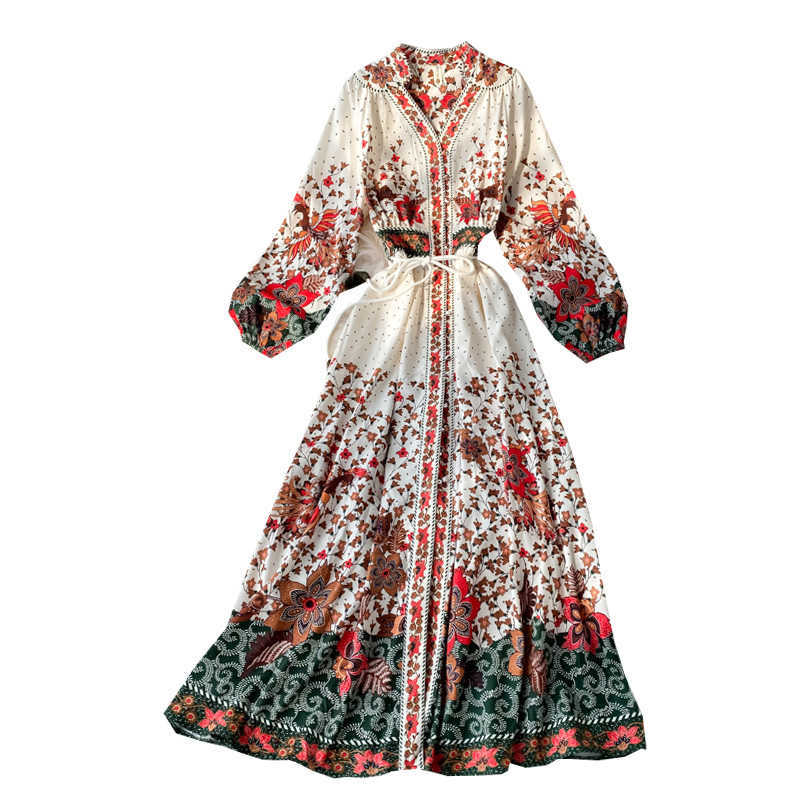 Women Bohe Folk V-Neck Lantern Sleeve Long Dress Euro Ladies Casual Ral Printed Elegant Mid-Calf Dresses 210715