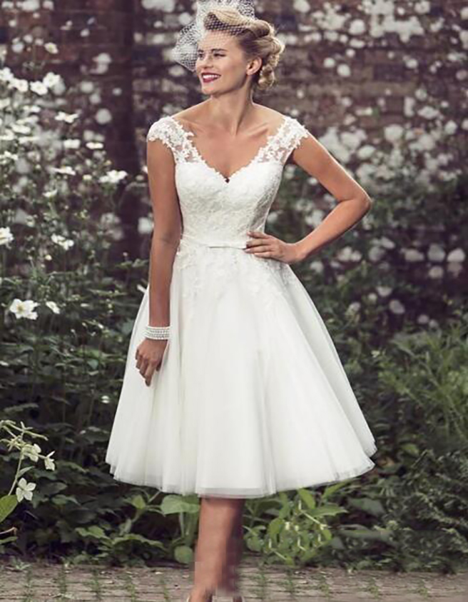 Elegant Tea-length Wedding Dress with V-neck, Cap Sleeves, Lace Appliques, and Tulle Ball Gown