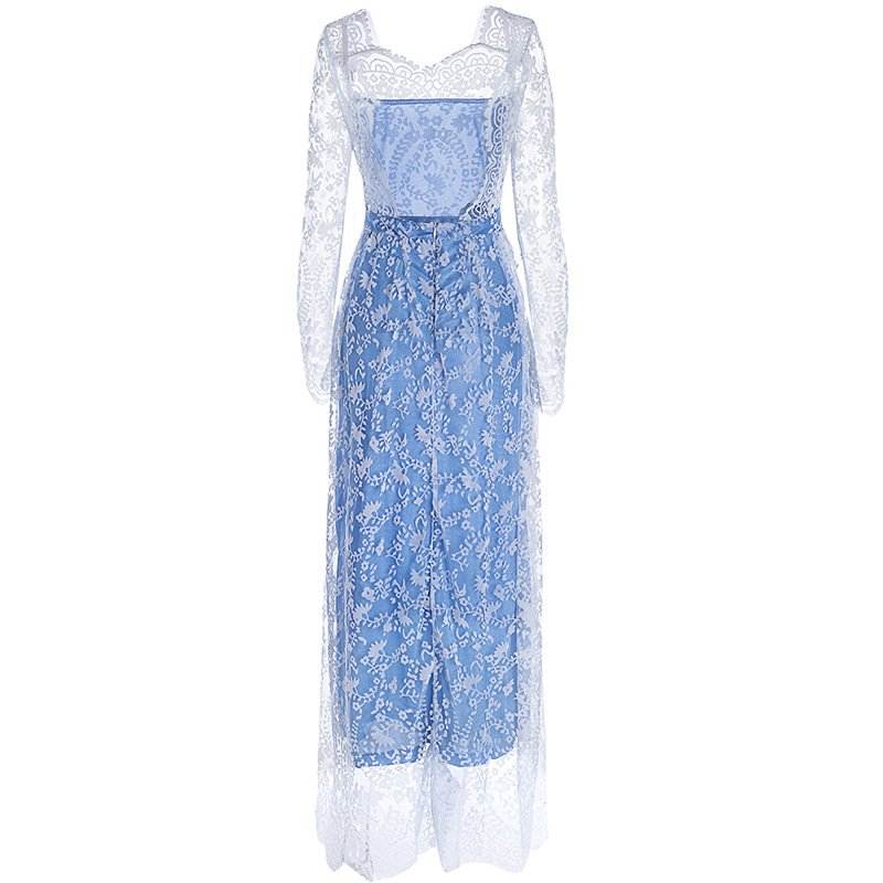 Women Dress Blue Lace Maxi es Backless High Waist Big Swing Party es Flower Sexy Plus Size Autumn 5XL 210524