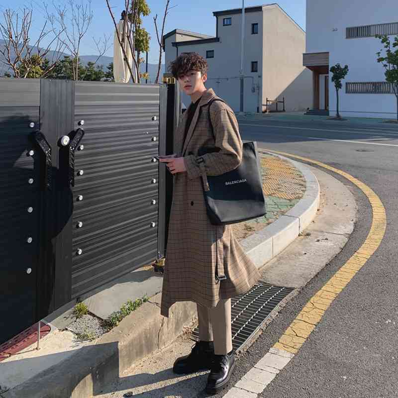 IEFB /men's wear mid-length trench coat plaid print Korean handsome oversize spring knee-high Windbreaker double breasted 9Y3943 210524