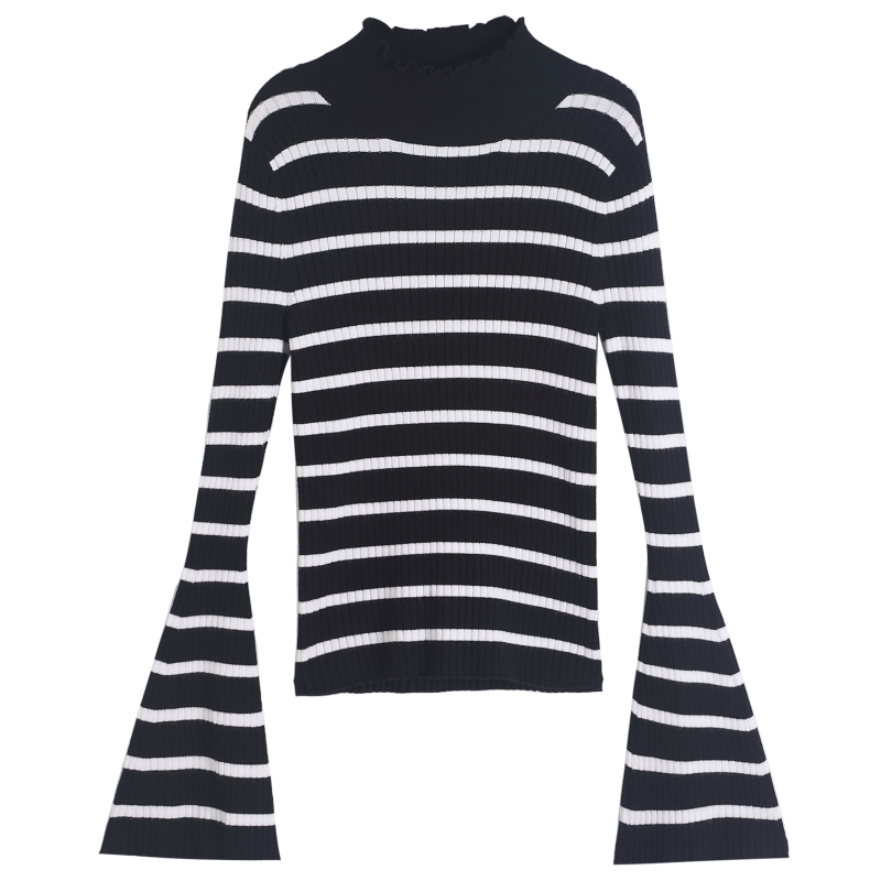 Autumn Winter Knitted Women Sweater Striped Bell Sleeve Korean Long Semi-high Collar Slim Sweet 6837 50 210510