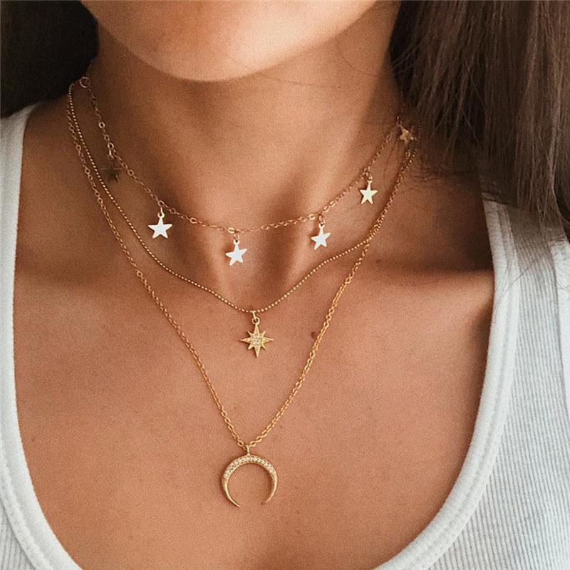 Pendant Necklaces Boho Fashion Women Vintage Gold Crystal Star Moon Multilayer Necklace Charm Party Wedding Jewelry Accessories
Pendant Necklaces Boho Fashion Women Vintage Gold Crystal Star Moon Multilayer Necklace Charm Party Wedding Jewelry Accessories