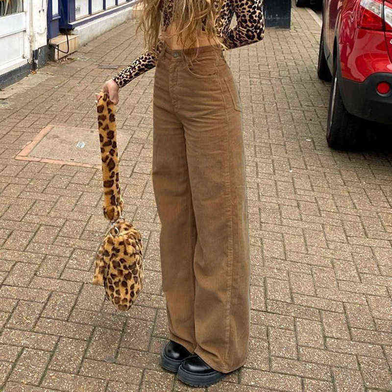 Vintage Oversized Corduroy Baggy Pants Ladies Fall High-Waist Wide Leg Straight Trousers Women 90s Elastic Casual Bottoms Mujer 211112