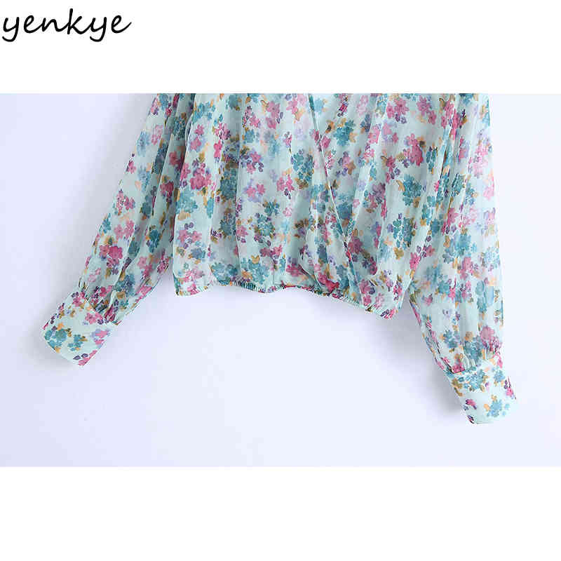 Sexy Transparent Floral Print Chiffon Blouse Women Cross V Neck Long Sleeve Summer Crop Top Fashion Blusas 210430