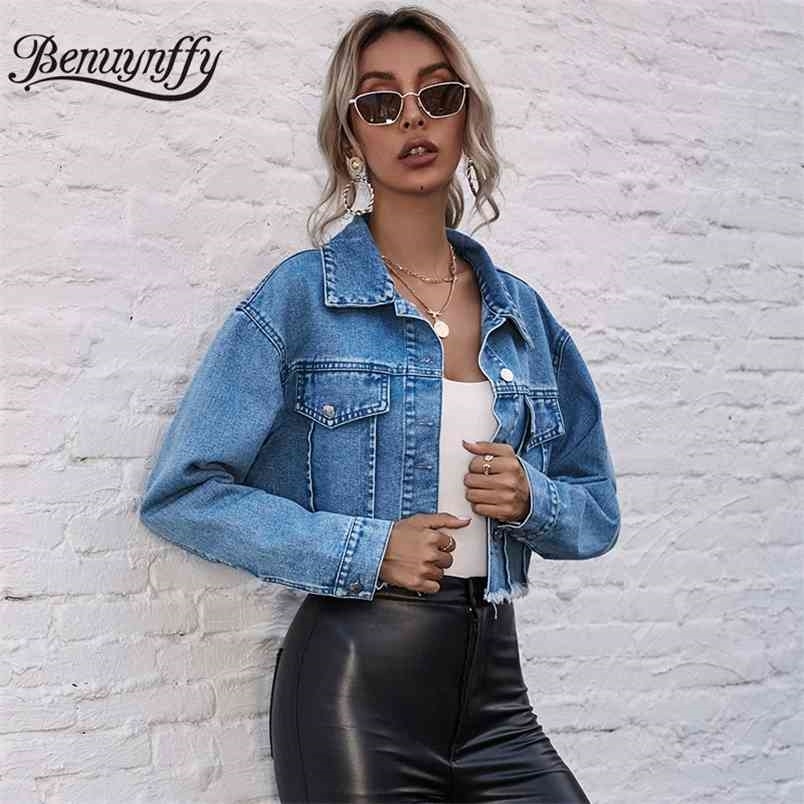 Turndown Collar Long Sleeve Crop Jeans Jacket Women Spring Autumn Fashion Streetwear Denim Outwear Female 210510