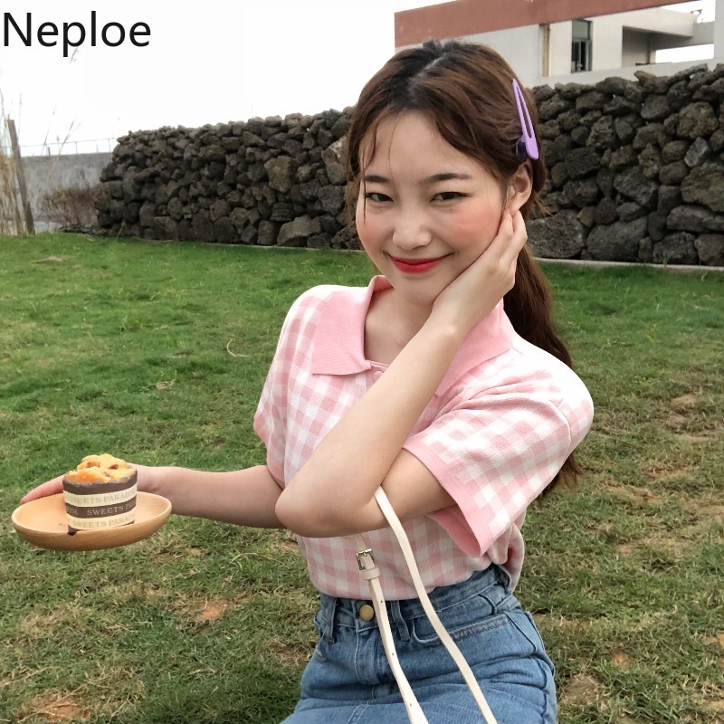 Neploe Plaid Summer Knitted T Shirts Women Kawaii Cute Tops Short Sleeve Tshirt Shirt Korean Vintage Graphic Tee Woman Clothes 210422