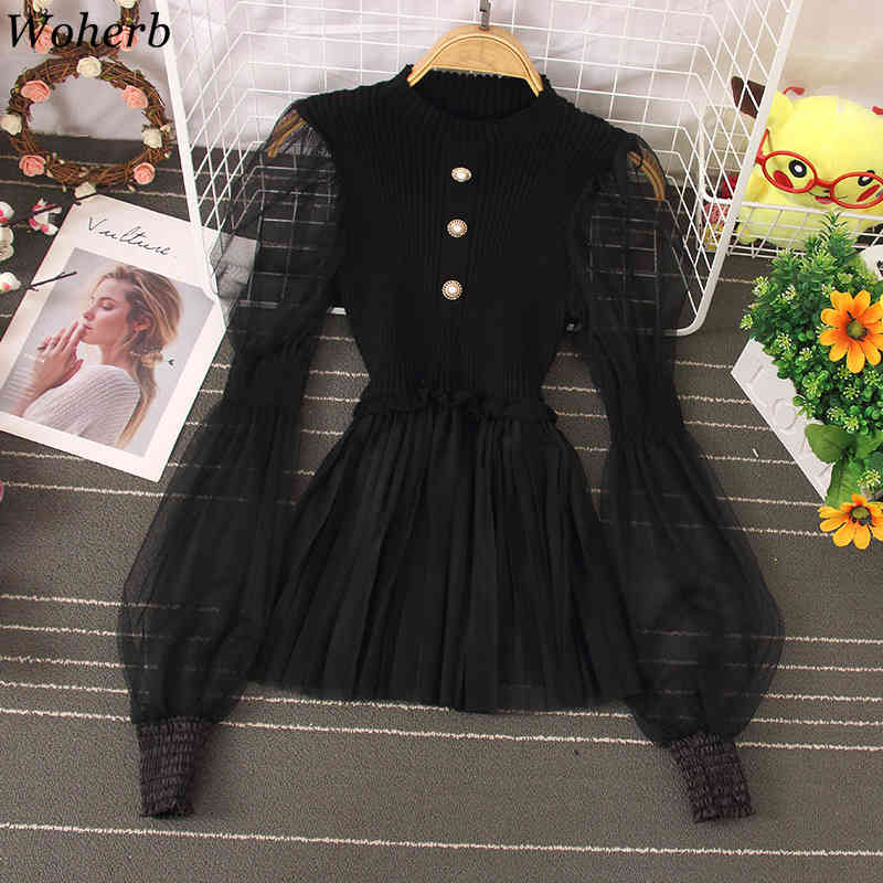 Chic Korean Blouse Women O-neck Pleated Ruffles Shirts Knitted Patchwork Gauze Blouses Lantern Sleeve Sweet Tops 210519