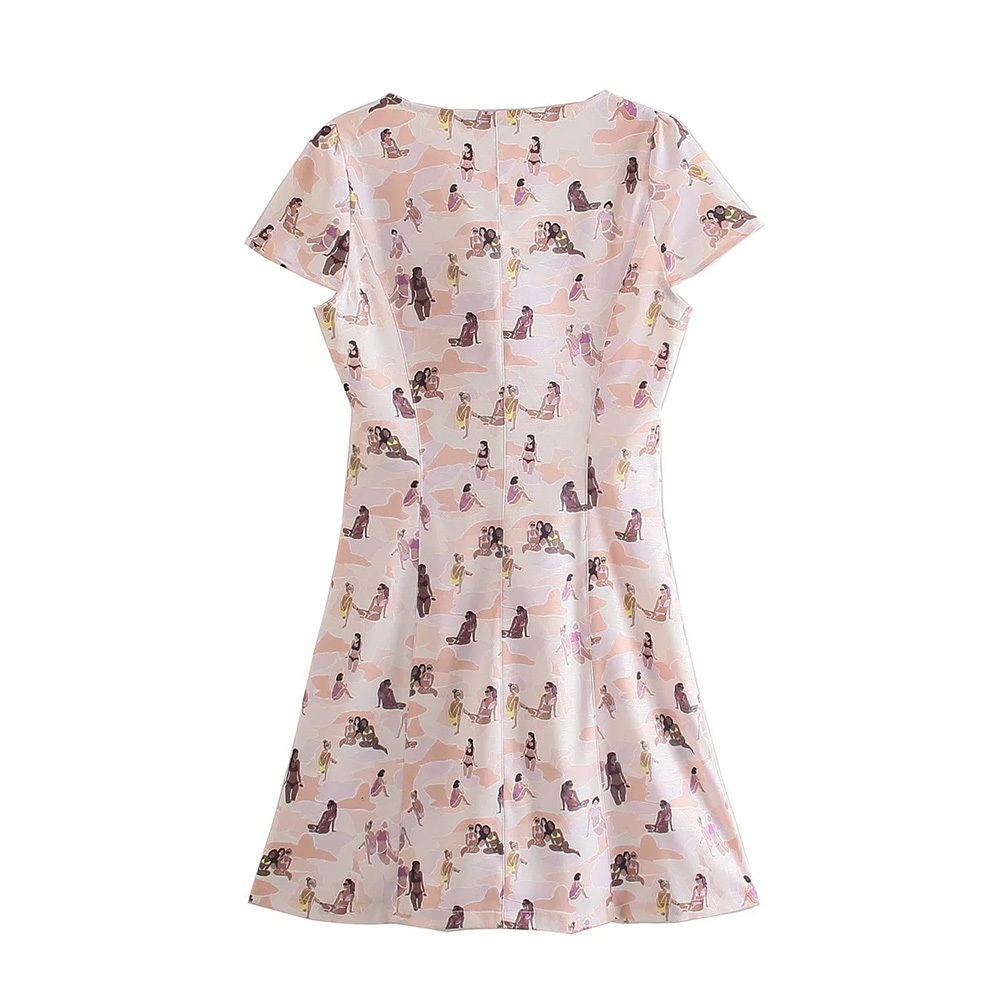 BBWM Heart-Shaped Neckline Women Dress Single-Breasted Vintage Cartoon Pictures Print Vestidos Elegant Dresses 210520