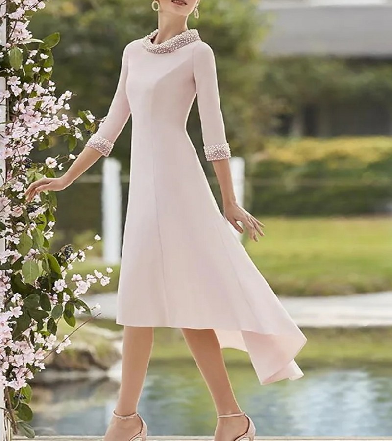 Elegant Asymmetrical Satin Mother of the Bride Dress 2024 Jewel Half Sleeve Beads Pearls Bridal Party Gown Robe De Soiree