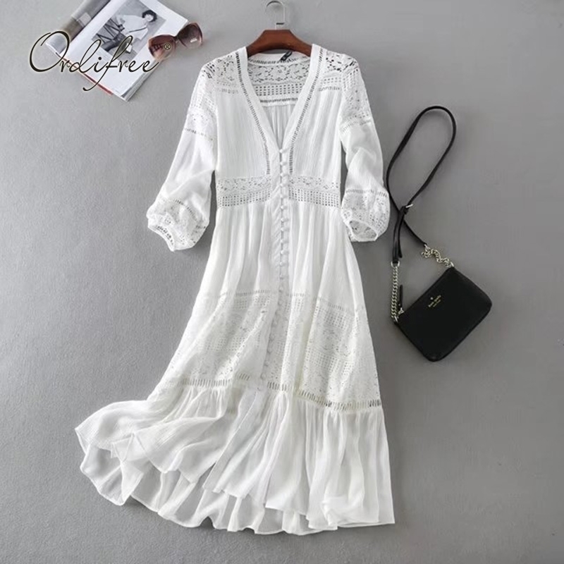 White Lace Boho Maxi Dress For Women, Summer Long Sleeve Beach Sundress, Casual Holiday A-E Tunic Dress, Polyester