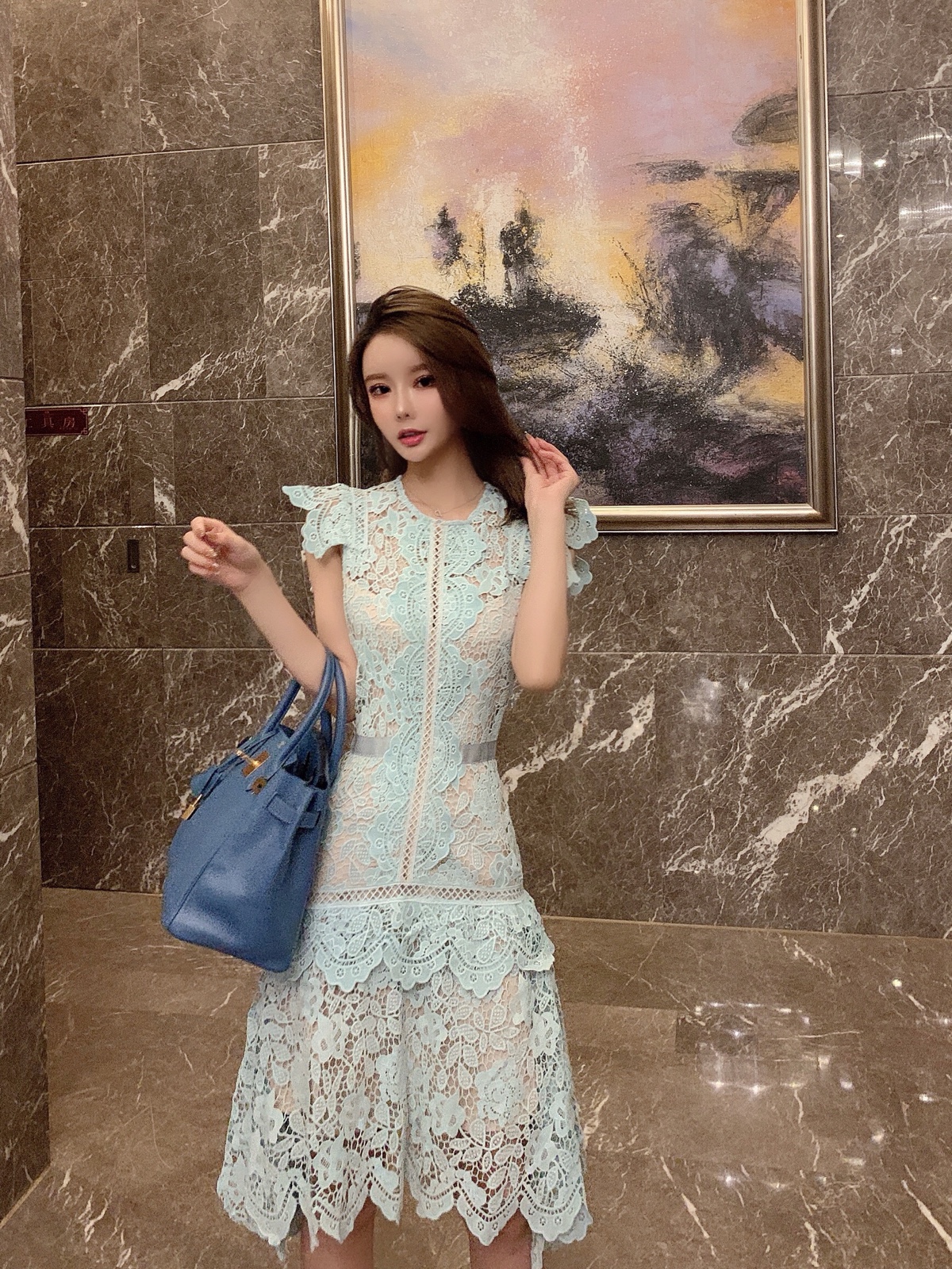 Summer fashion design womens sleeveless petal sleeve o-neck mingt green color hollow out lace slim waist asymmetric runway dress SML