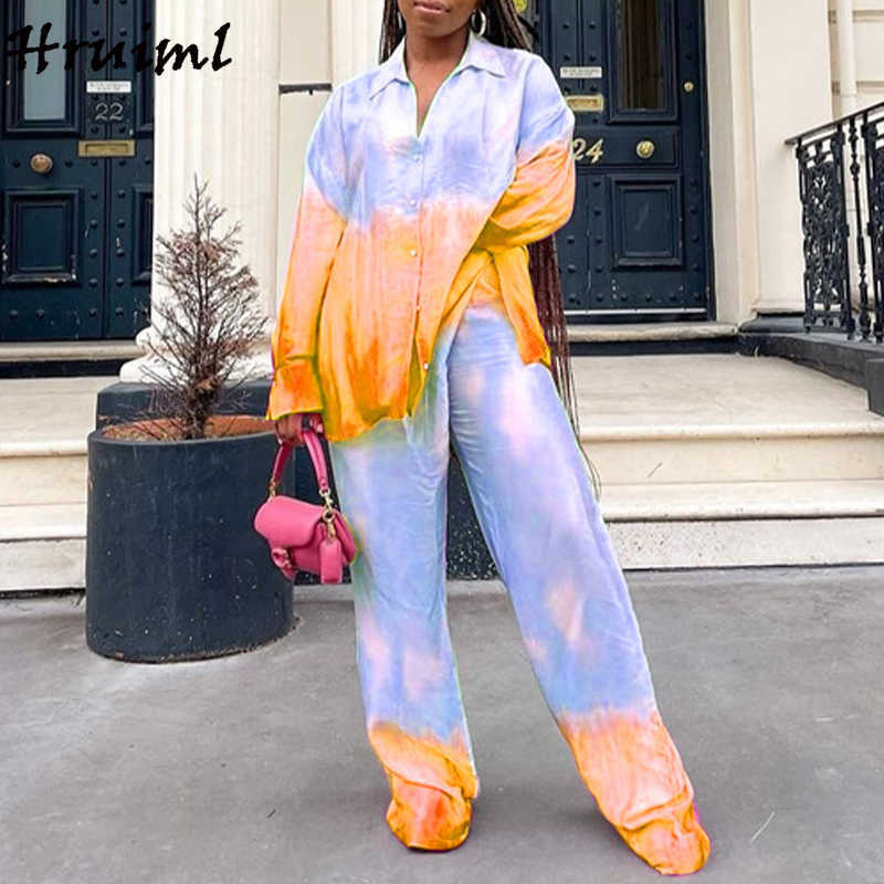Suit Women Two Pice Autumn Arrival Fashion Long Sleeve Shirts Wide Leg Pants Female Suit Loose Tie-dye Printed Women Sets 211118