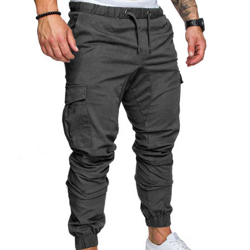 Men Casual Solid Color Pockets Waist Drawstring Ankle Tied Skinny Cargo Pants celana panjang pria salopette homme Trendy H1223