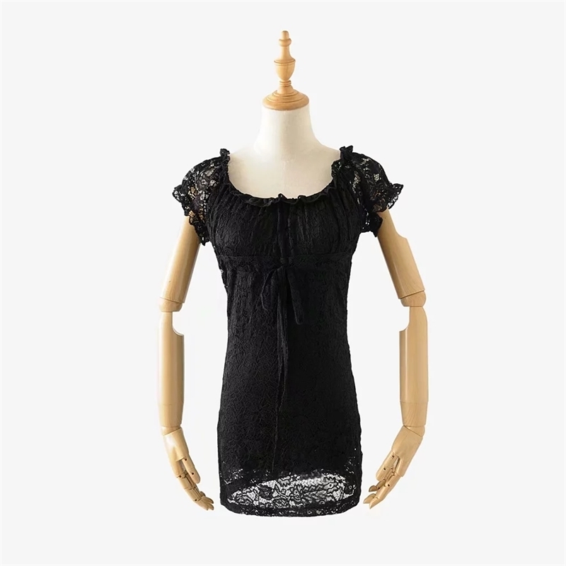 Vintage black ruffle lace dress women vestidos korean fashion short sleeve loose casual es Summer beach party 210521