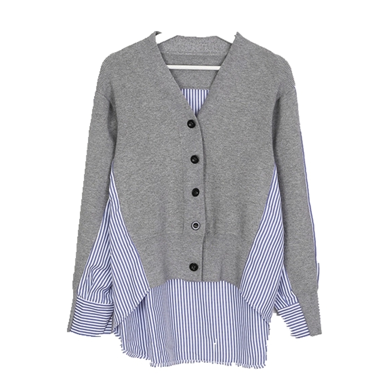 Korean Cardigan Women Single Breasted Striped Shirt Patchwork Sweater Coat Loose Autumn Top Off Shoulder Sweater Women Cardigan 210421