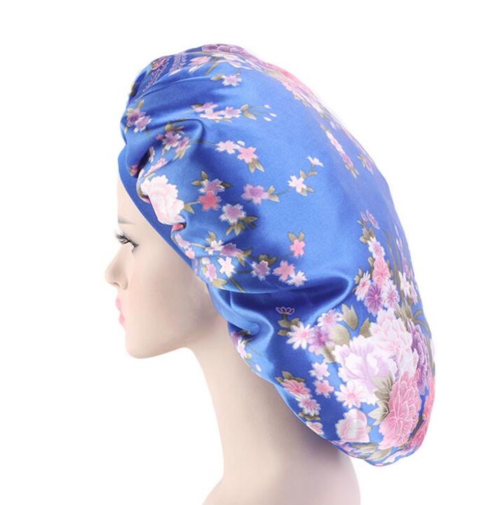 Large Print Satin Silky Bonnet Sleep Cap Width Elastic Band for Women Solid Color Head Wrap Lady Hair Accessories GC819