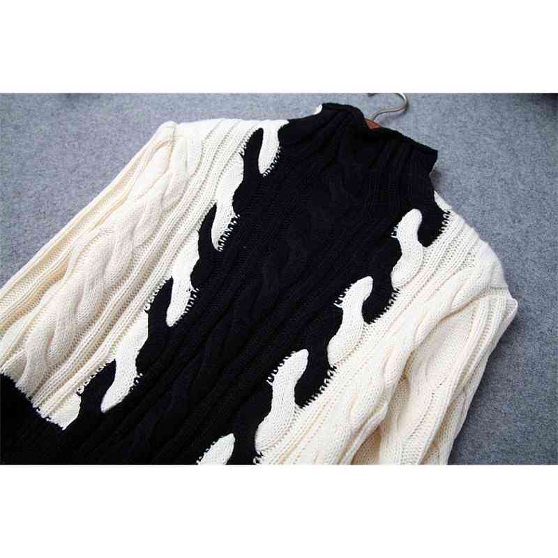 Autumn Winter Woman Dress Ivory Black Patchwork Knitted Dress Turtleneck Full Sleeve Knee Length Fashion Vintage Slim Dress 210515