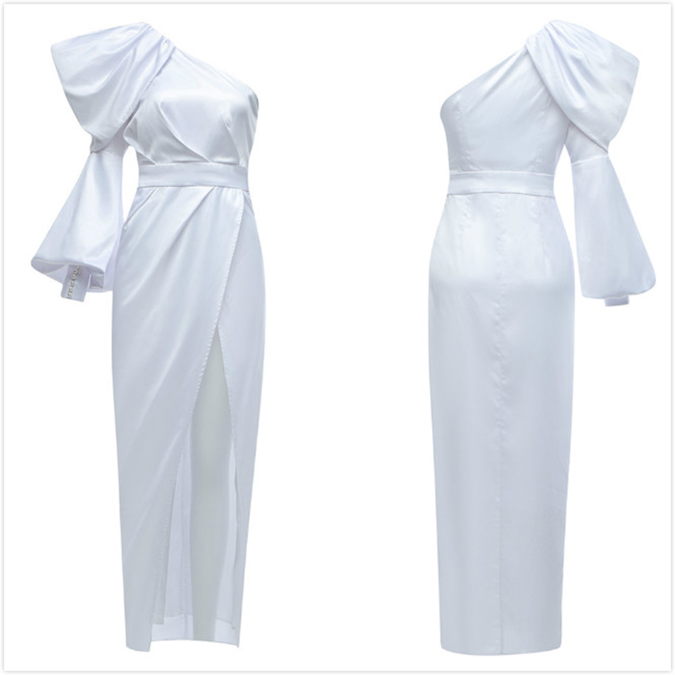 Free Women's Club Party Sexy Long Dress Vestidos One Shoulder Lantern Sleeve White Bodycon Split Dresses 210524
