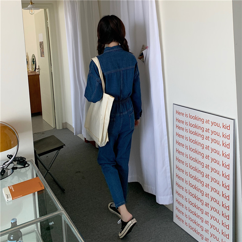 Fashion Streetwear Denim Overalls Women Autumn Long Sleeve Bodysuit High Waist Jeans Bodycon Rompers Belt Wide Leg Jumpsuit 210519