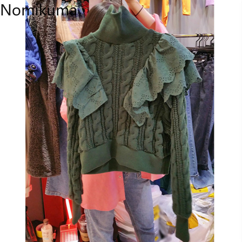 Nomikuma Knitted Twist Women Sweater Lace Ruffle Patchwork Pull Femme Autumn Winter Turtleneck Long Sleeve Pullovers 6C712 210427