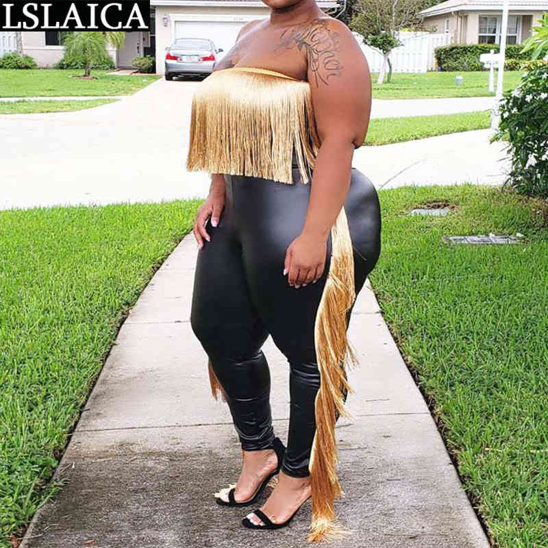 Leather 2 Piece Sets Outfits for Women Fashion Tassel Plus Size Sleeveless Tops Long Pants Set Summer Solid Sexy Party Clubwear 210515