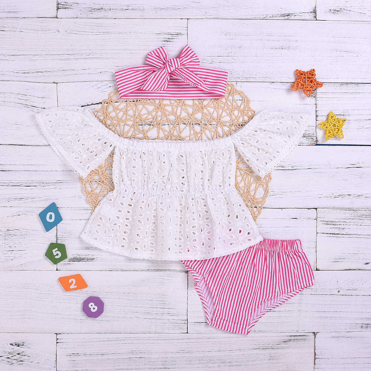 Baby Girl's Hollow Out Top Striped Shorts and Headband Set 210528