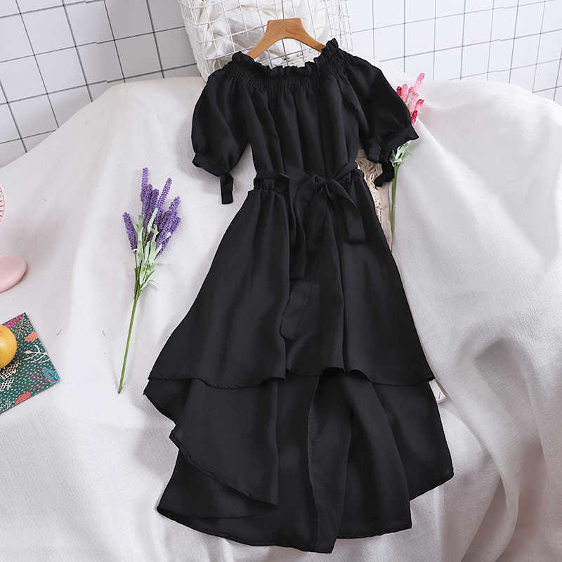 Woherb Summer Casual Chiffon Off Shoulder Bandage Dress Women Sexy Asymmetrical Ruffle Dresses Vestidos De Festa 22291 210630