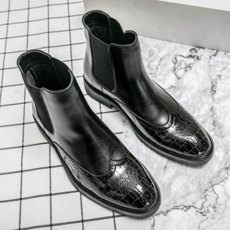 Classic daily business Dress Boots Men PU leather comfort cover foot low heel block carved Chelsea gentleman English style DH322