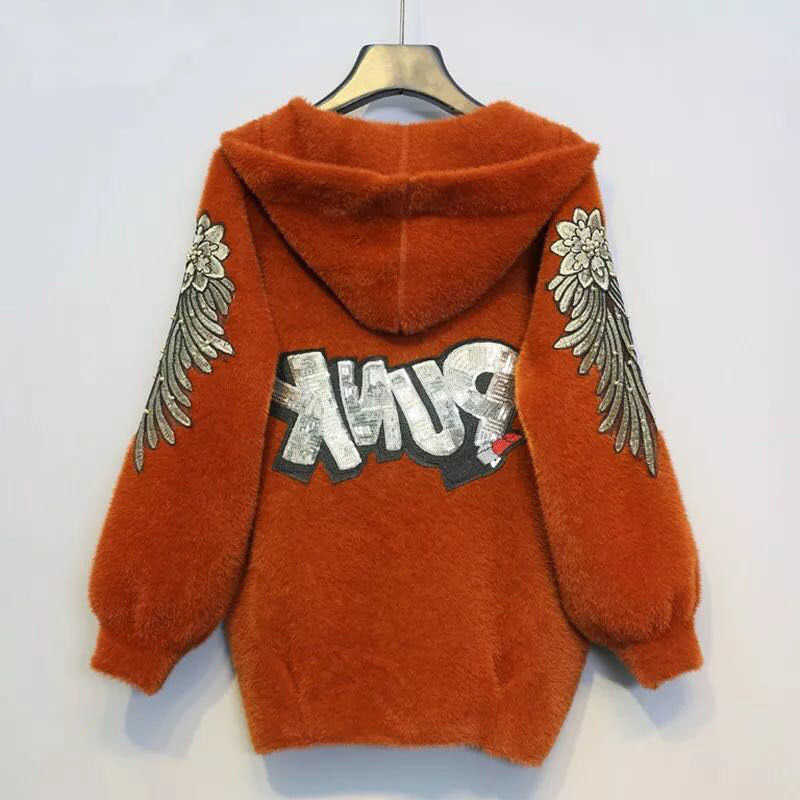 Female Autumn And Winter Models Short Hooded Jacket Long-sleeved Solid Color Embroidery Letter Knit Cardigan Sweater Women 210910