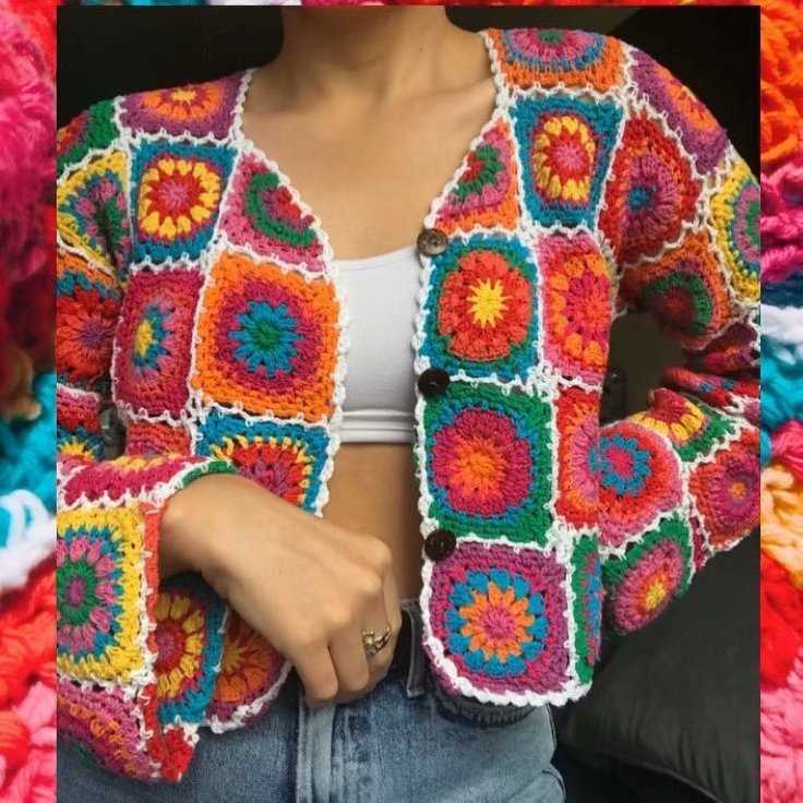 BOHO Colored Plaid Flower Hand Crochet Cardigan Vintage Woman V neck Long sleeve Center Buttons Sweater Knitwear Jumper 211014