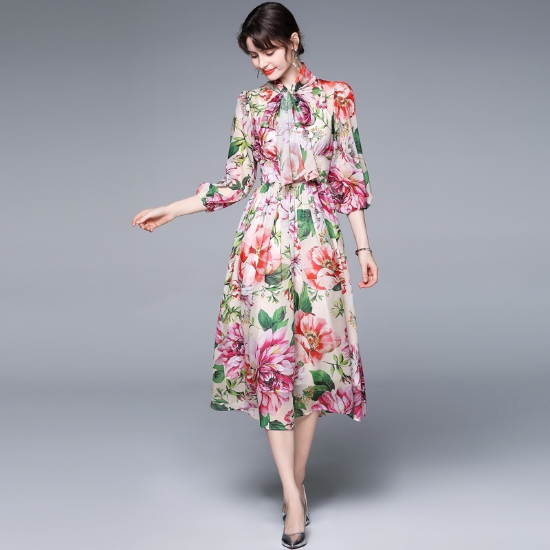 fashion Summer Vacation Runway Dress Women Bow Tie Floral Print Elegant Chiffon es Ladies Midi vestidos 210421