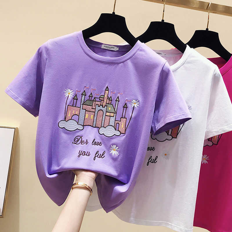T Shirt Women Cotton Cartoon Embroidery Tshirt Female Short Sleeve Summer Womens Tops Korean Fashion Clothing T-Shirt Femme 210615, Rose red
T Shirt Women Cotton Cartoon Embroidery Tshirt Female Short Sleeve Summer Womens Tops Korean Fashion Clothing T-Shirt Femme 210615, Rose red